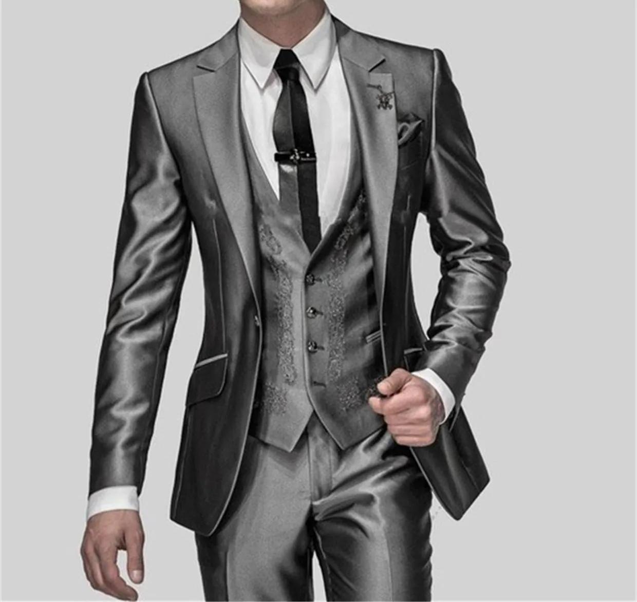 Costumes gris brillant pour hommes avec broderie, smokings de marié GroomTIME, meilleurs ensembles d