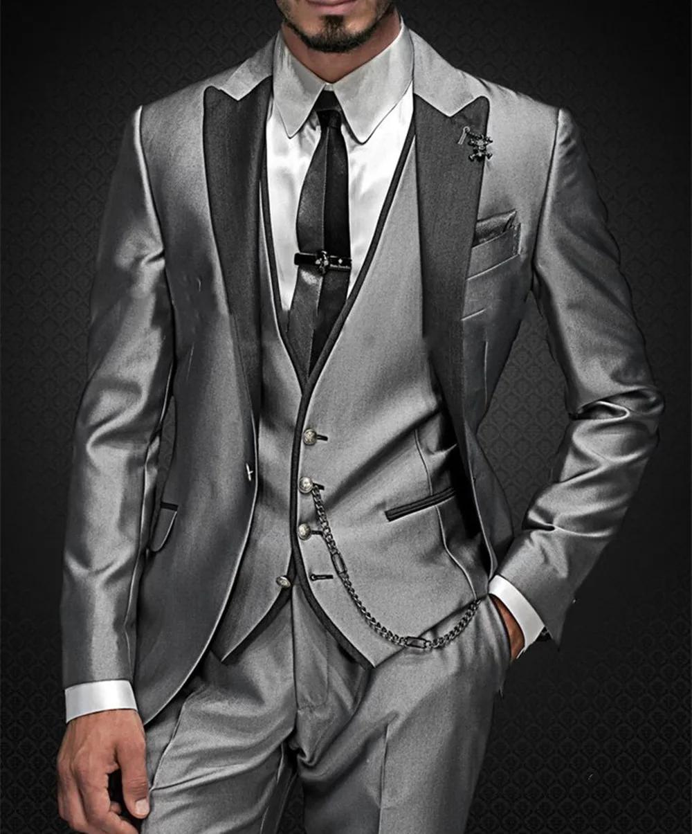 Costumes gris brillant pour hommes avec broderie, smokings de marié GroomTIME, meilleurs ensembles d