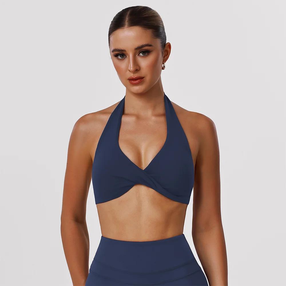 Soutien-gorge de sport pour femme, dos nu, style halter torsadé, col en V, rembourré, couleur unie, 