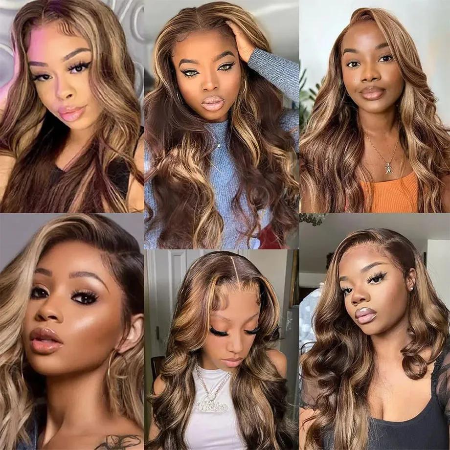 Perruque brésilienne de cheveux humains colorés pour femmes, vague profonde en surbrillance, dentell