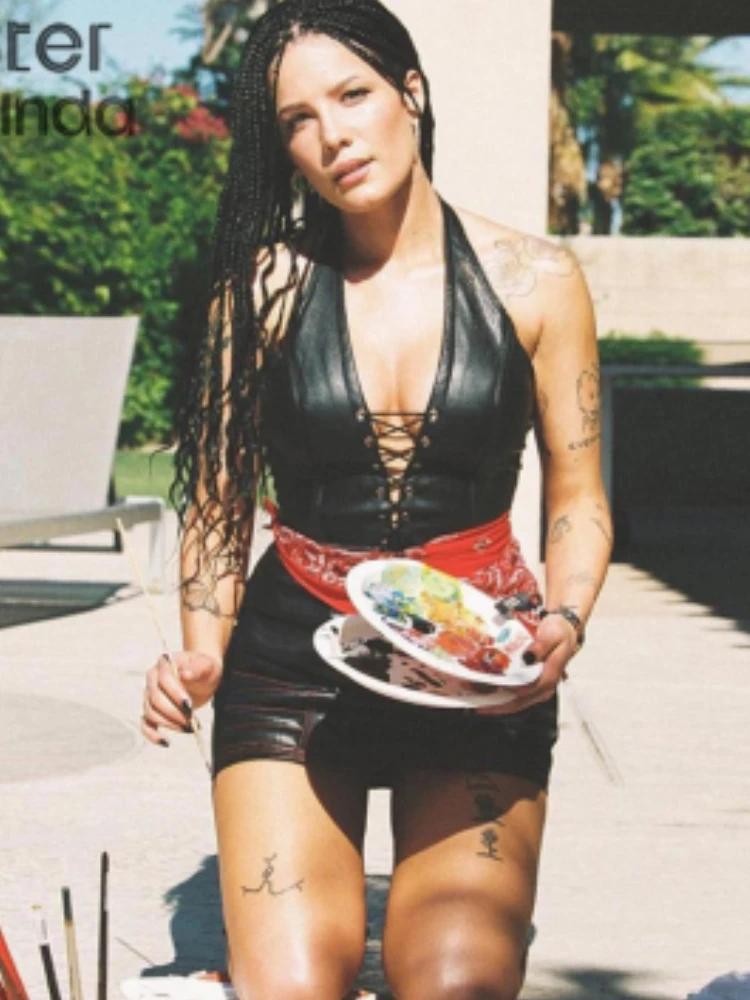 Sisterlinda – haut court en cuir PU noir pour femmes, Sexy, Punk Y2K, sans manches, décolleté en V p