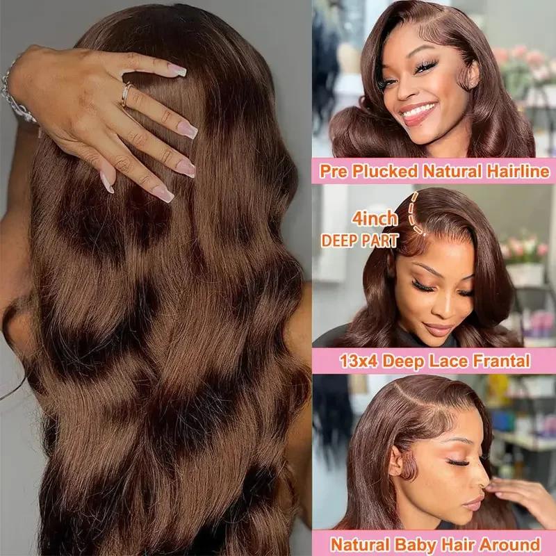 Perruque frontale HD sans colle de 34 pouces, en cheveux humains vierges brésiliens, couleur brun ch