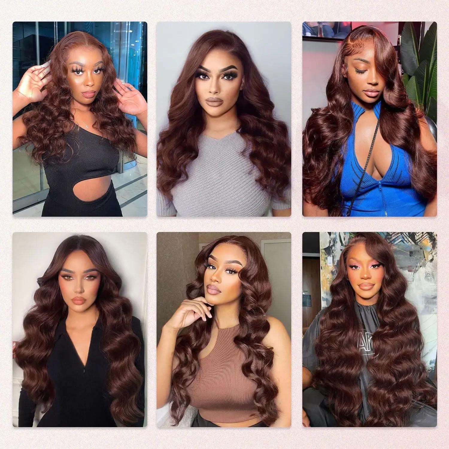 Perruque frontale HD sans colle de 34 pouces, en cheveux humains vierges brésiliens, couleur brun ch
