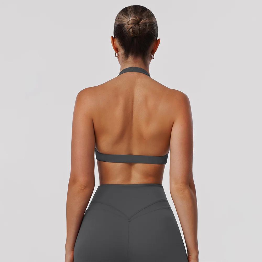 Soutien-gorge de sport pour femme, dos nu, style halter torsadé, col en V, rembourré, couleur unie, 