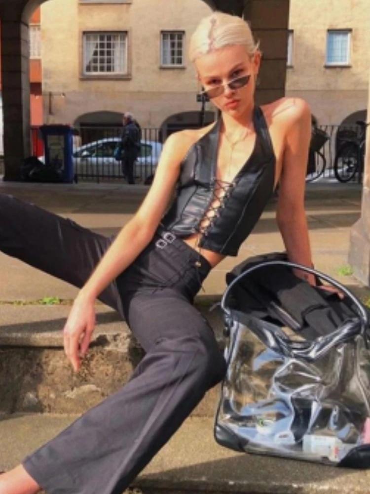 Sisterlinda – haut court en cuir PU noir pour femmes, Sexy, Punk Y2K, sans manches, décolleté en V p