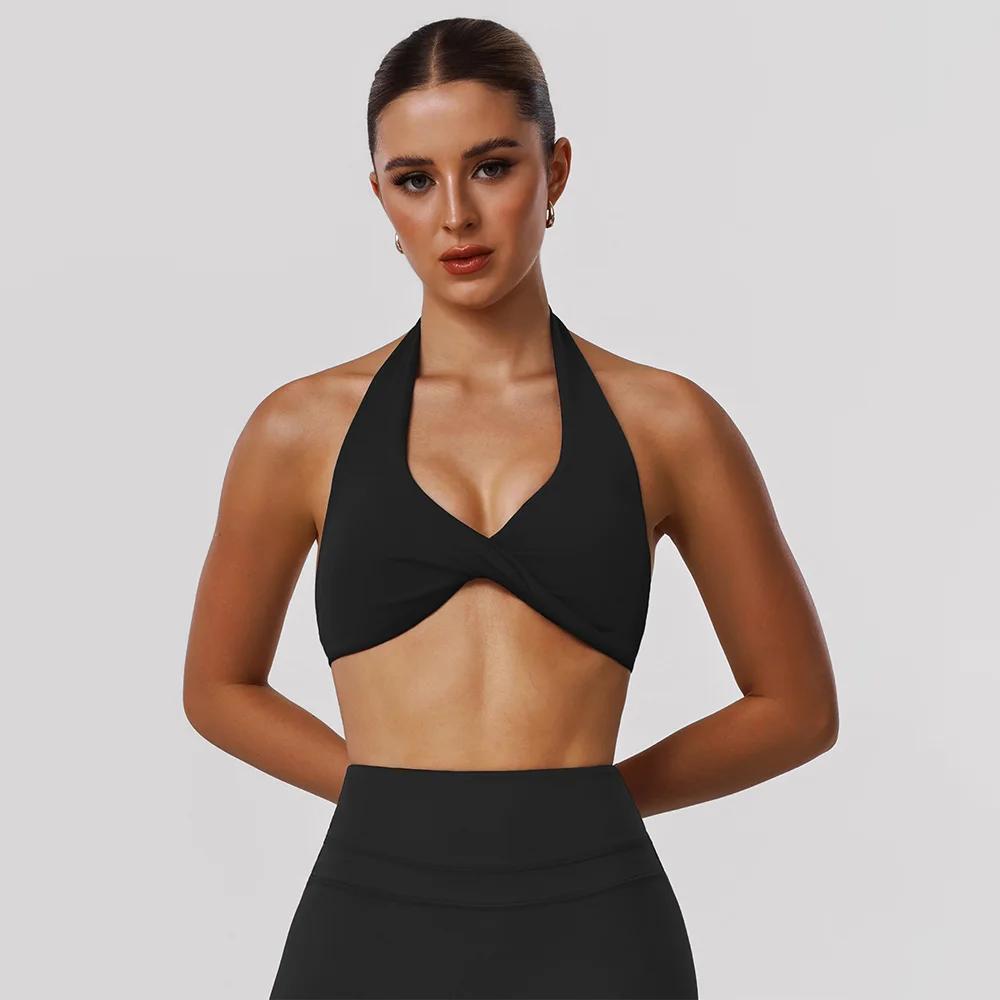 Soutien-gorge de sport pour femme, dos nu, style halter torsadé, col en V, rembourré, couleur unie, 