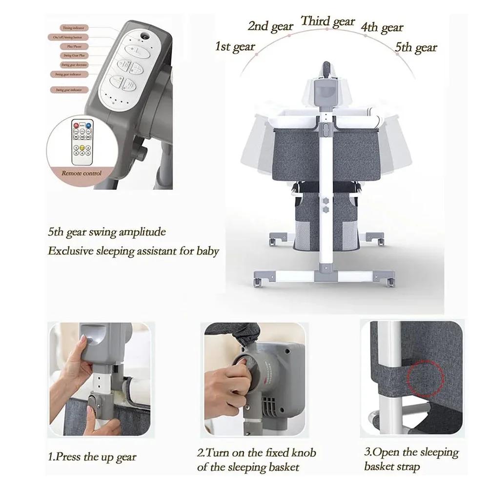 Moussinet pour bébé, moulinet à bascule automatique avec télécommande, roulettes, lit de chevet pour