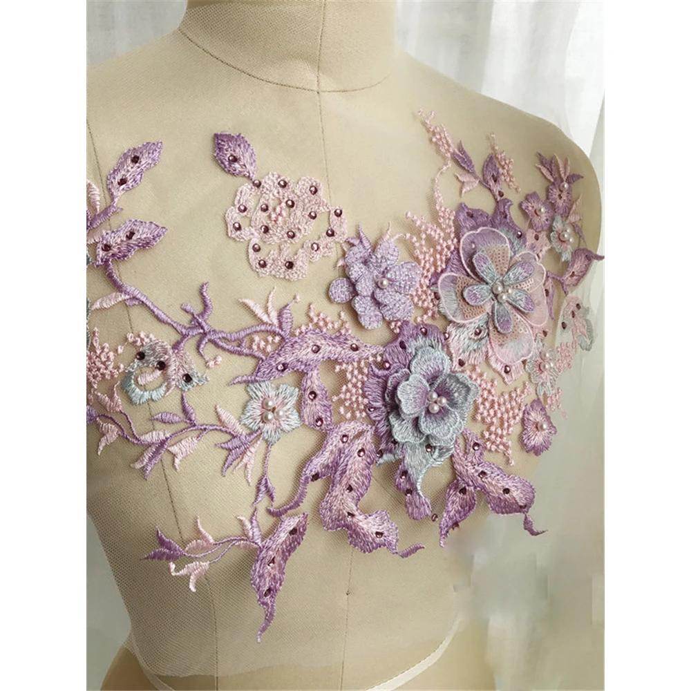 Patchs en tissu brodés de fleurs 3D, perles et dentelle pour sacs, costumes de scène, décoration, co