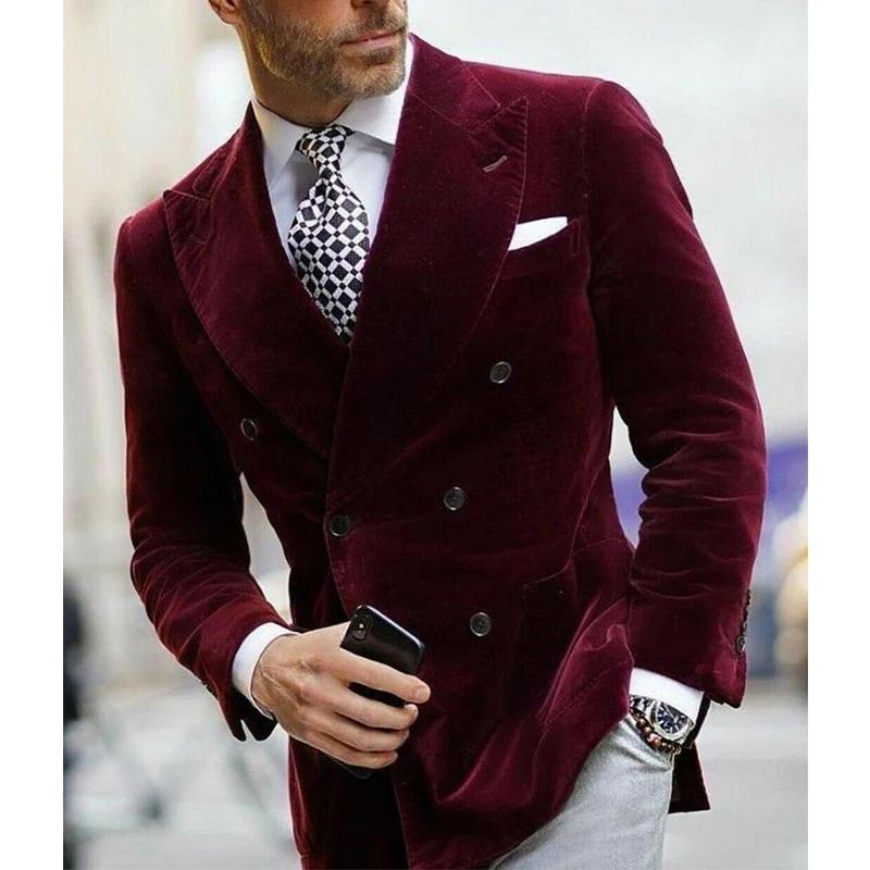 Blazer en velours bordeaux pour hommes, veste de dîner à Double boutonnage, manteau de costume éléga