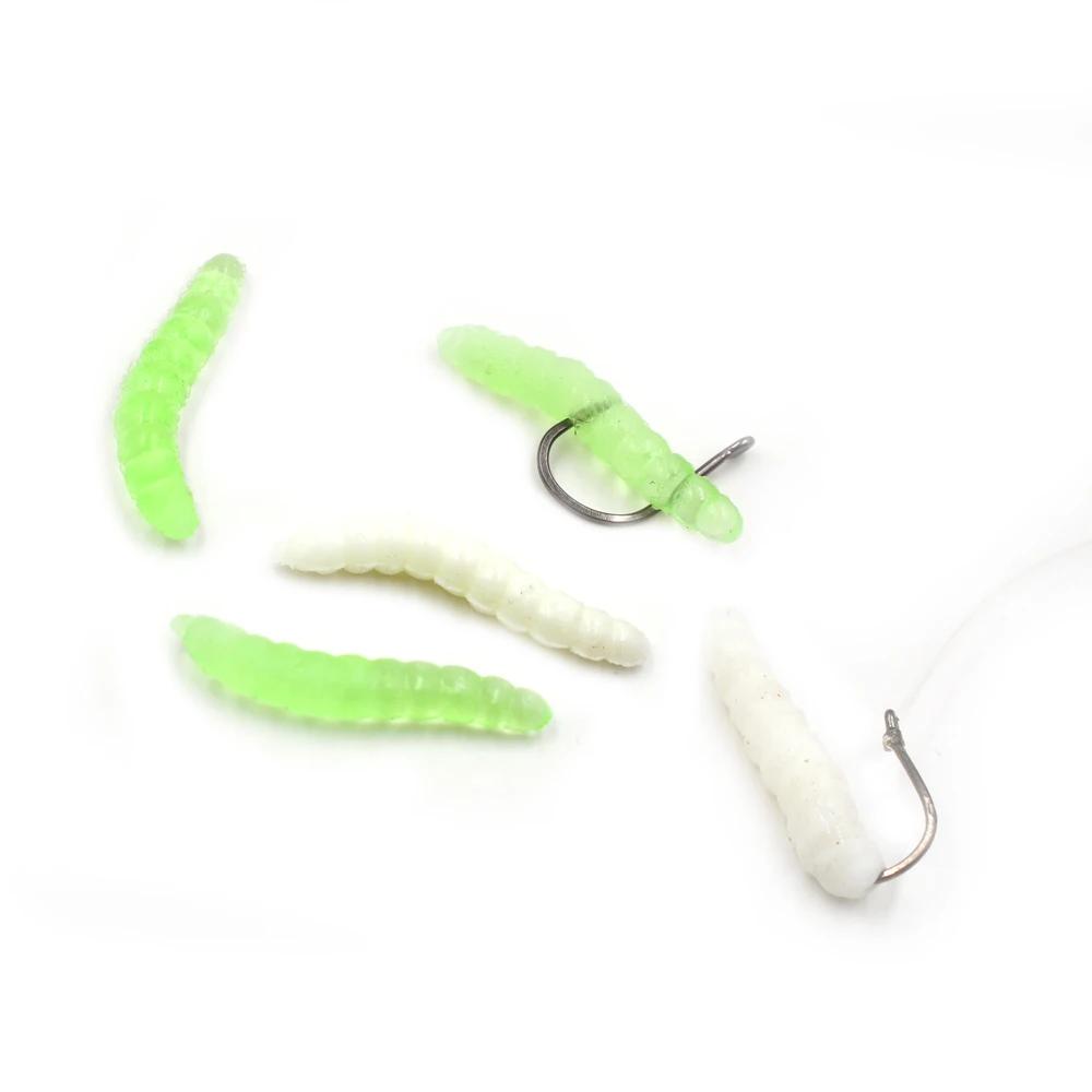 MNFT 40 pièces 3.8 cm 0.6g vers de pêche au bar leurres vert/blanc Silicone souple mouche appâts pai