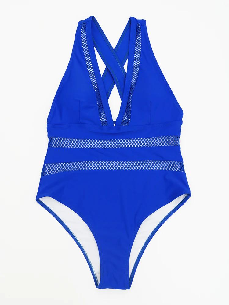2023 nouveau Sexy maille maillots de bain mosaïque femmes une pièce maillot de bain femme col en v p