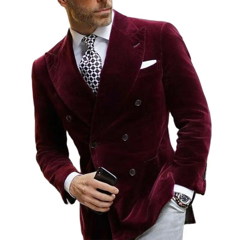 Blazer en velours bordeaux pour hommes, veste de dîner à Double boutonnage, manteau de costume éléga
