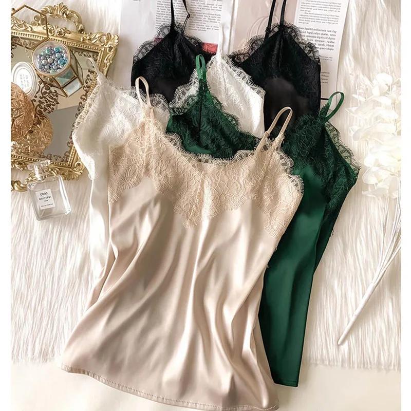Sexy dentelle Camisole femmes soie col en v hauts été nouveau sans manches décontracté débardeurs fe