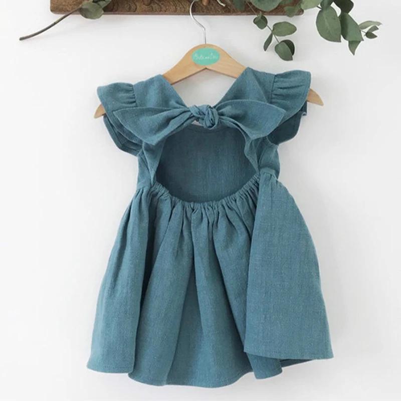 Robe d'été Style coréen pour petites filles, manches volantes, en coton et lin, tenue princesse pour