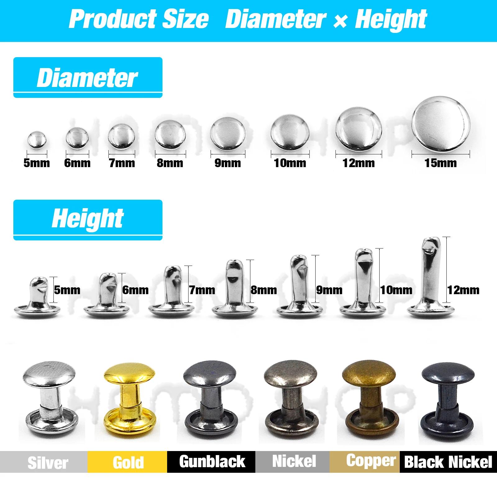 100 ensembles 5-15mm métal Double capuchon Rivets goujon rond clou Rivet pour maroquinerie accessoir