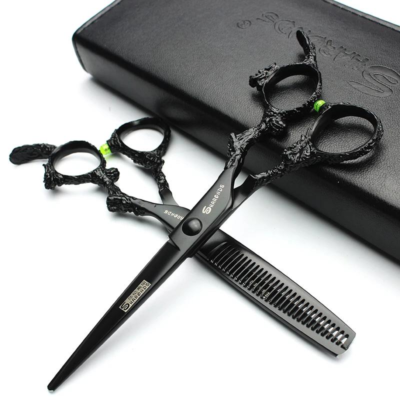 Sharonds-Ciseaux de Coupe Professionnels en Acier 440c, 6/7/8 Argent, Manche Dragon Noir, pour Salon