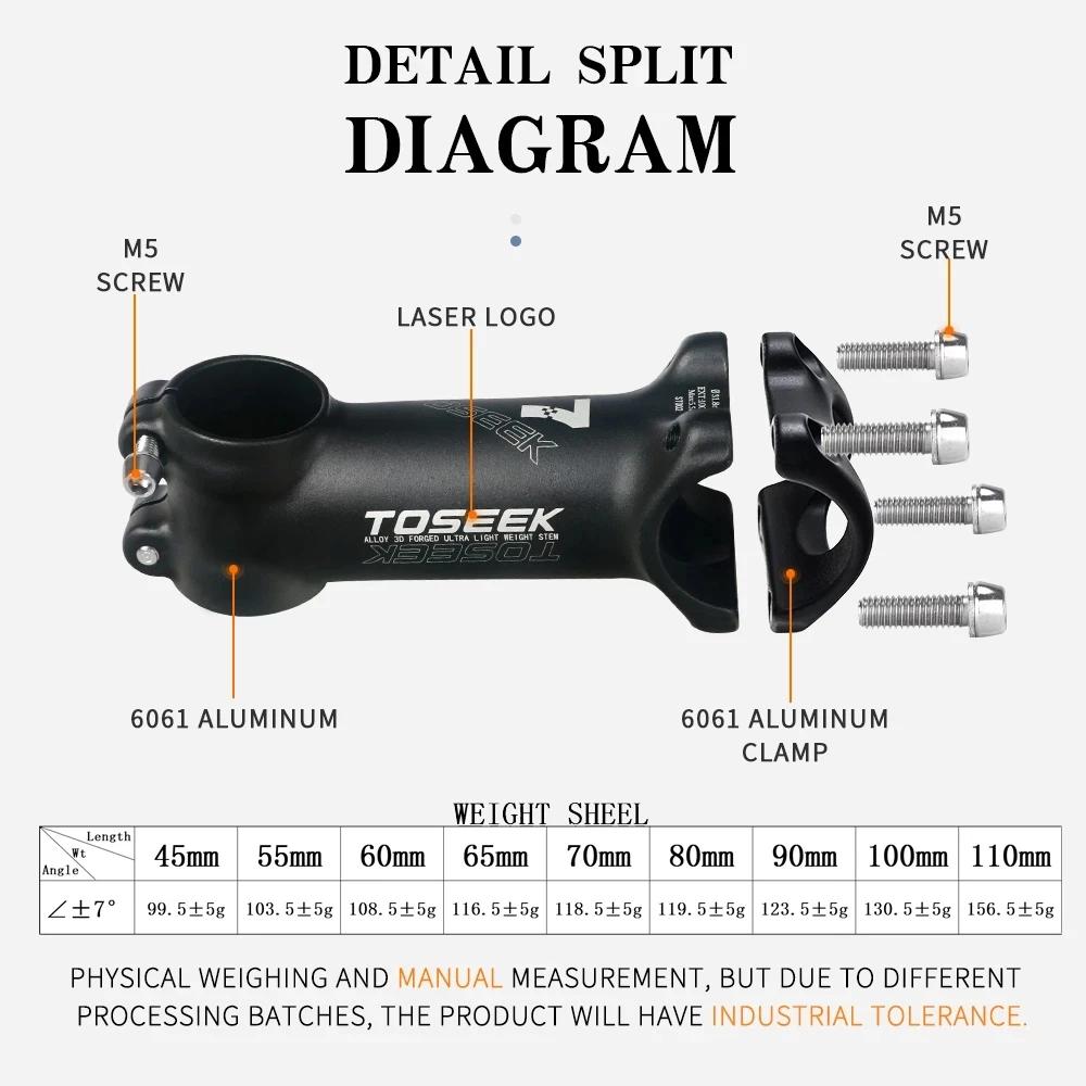 TOSEEK tige de vélo en aluminium ultralégère 7 degrés tige de VTT vtt 31.8x45/55/60/65/70/80/90/100/