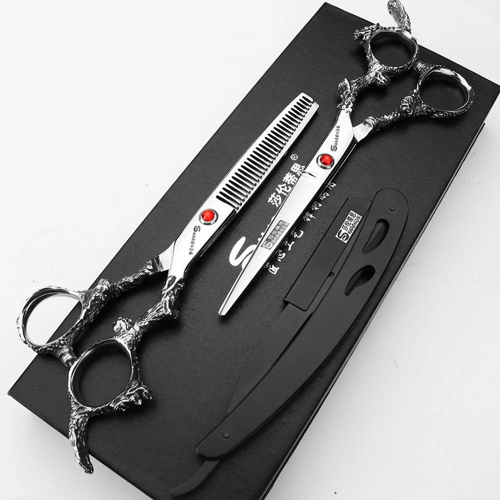 Sharonds-Ciseaux de Coupe Professionnels en Acier 440c, 6/7/8 Argent, Manche Dragon Noir, pour Salon