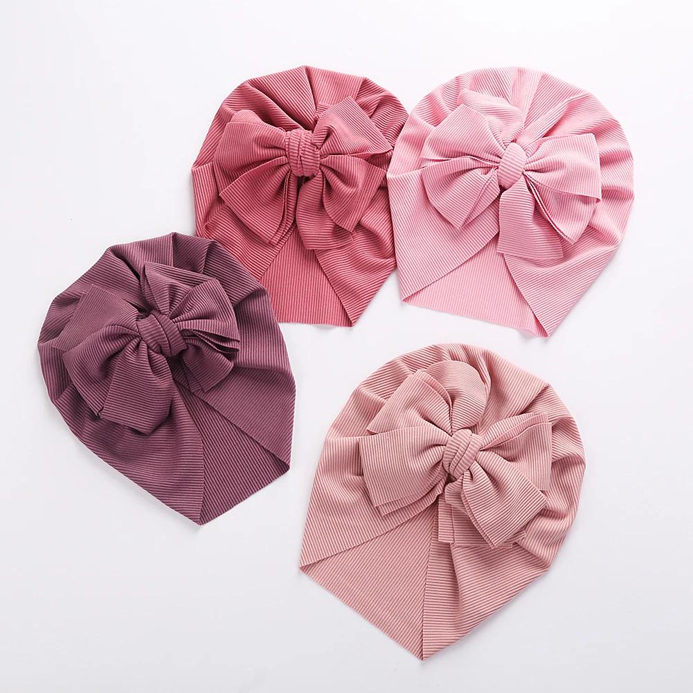 Chapeaux Turban à nœud de lapin côtelé solide pour bébés garçons et filles, bonnets rayés fins et él