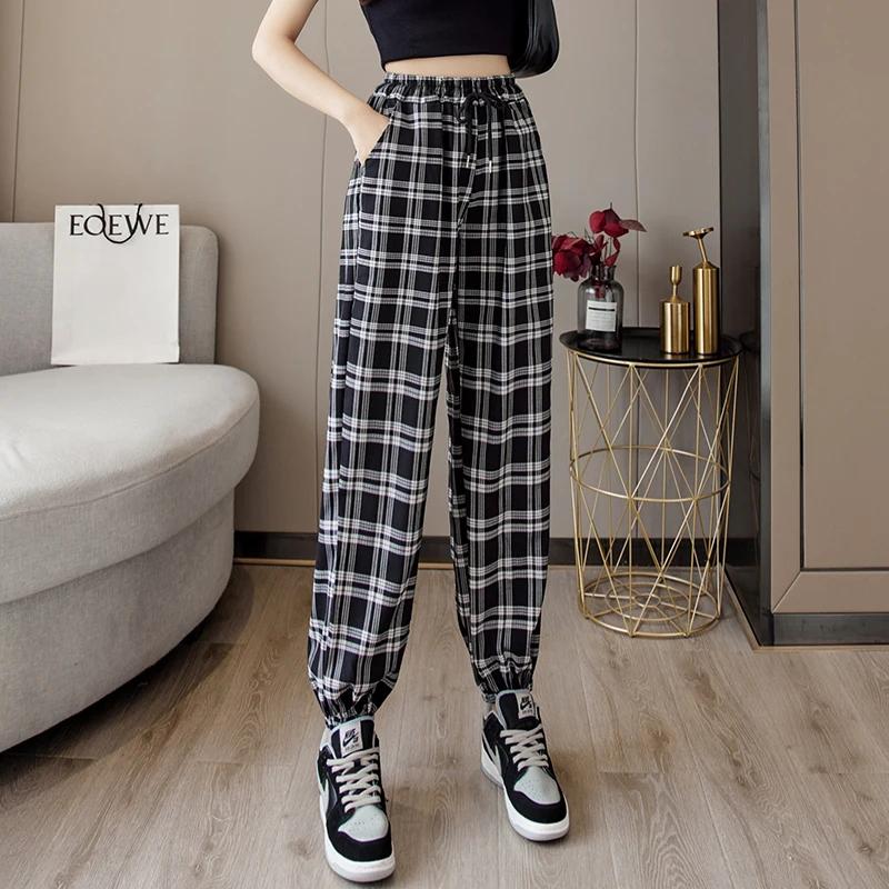Pantalons femmes nouveau bouquet de pieds mode ample noir Plaid été Harajuku étudiants Streetwear sa