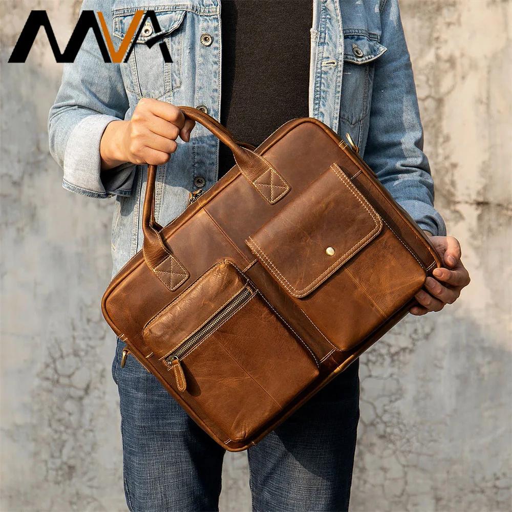 MVA – mallette en cuir véritable pour hommes, sac d'ordinateur portable de 15 pouces, sac à main en 