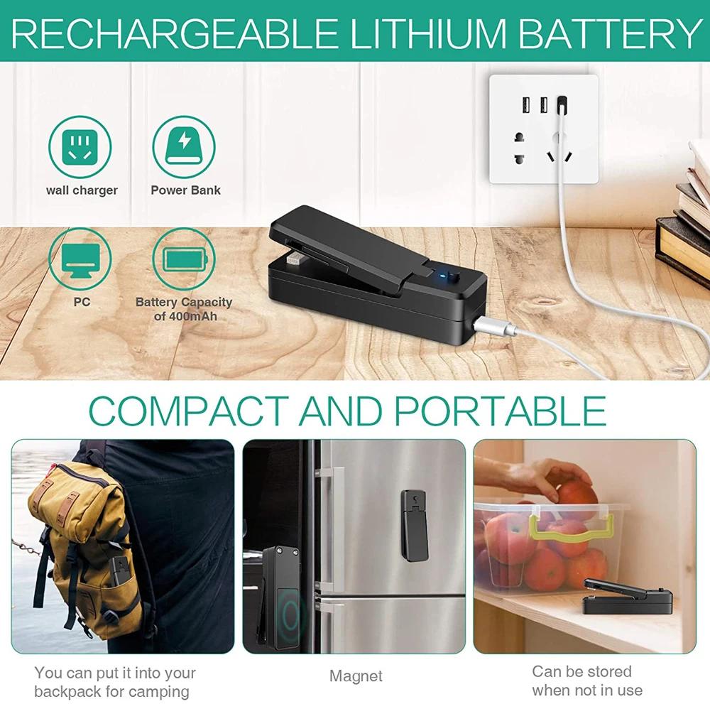 Mini scelleuse de sacs 2 en 1, thermoscelleuse et coupe sous vide pour sacs portables rechargeables 
