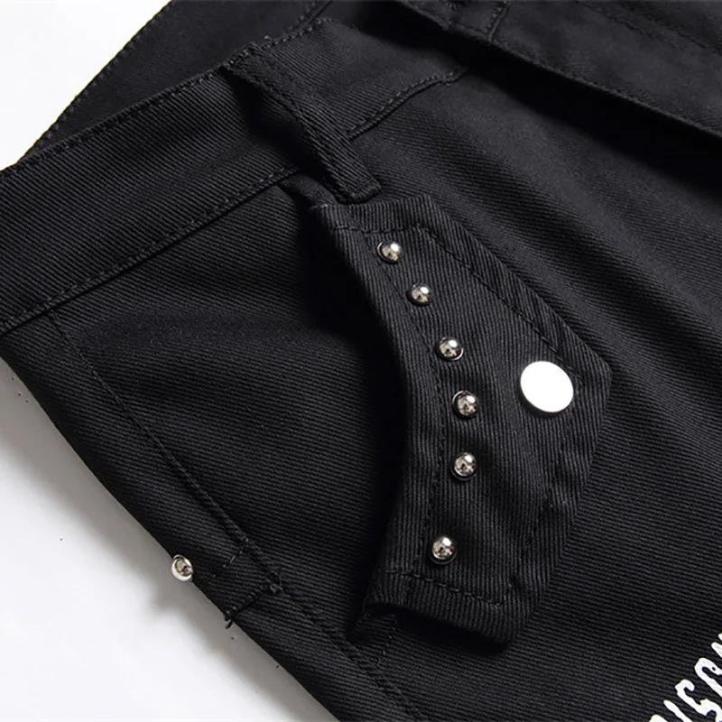 Jean Patchwork Tartan écossais pour hommes, pantalon en Denim noir, Punk avec Rivet, lettres imprimé