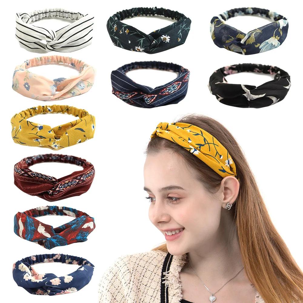 Mode femmes filles été bohème bandes de cheveux imprimer bandeaux Vintage croix Turban pansement Ban
