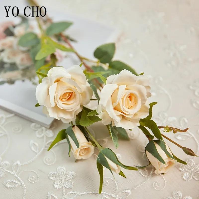 YO CHO – roses artificielles en soie, fausses fleurs de haute qualité, longue branche, 5 têtes, pour