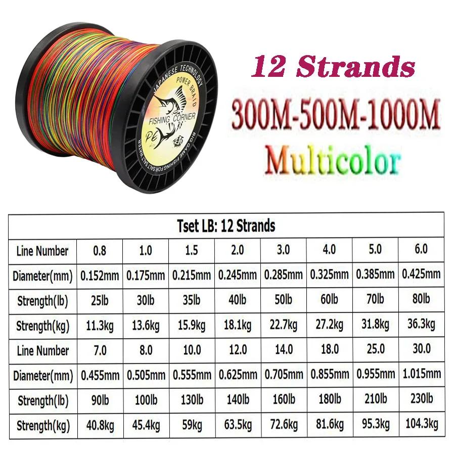 Ligne de pêche tressée multicolore PE 12 brins, 300mm, 500m, fil de pêche en eau salée, super bain, 