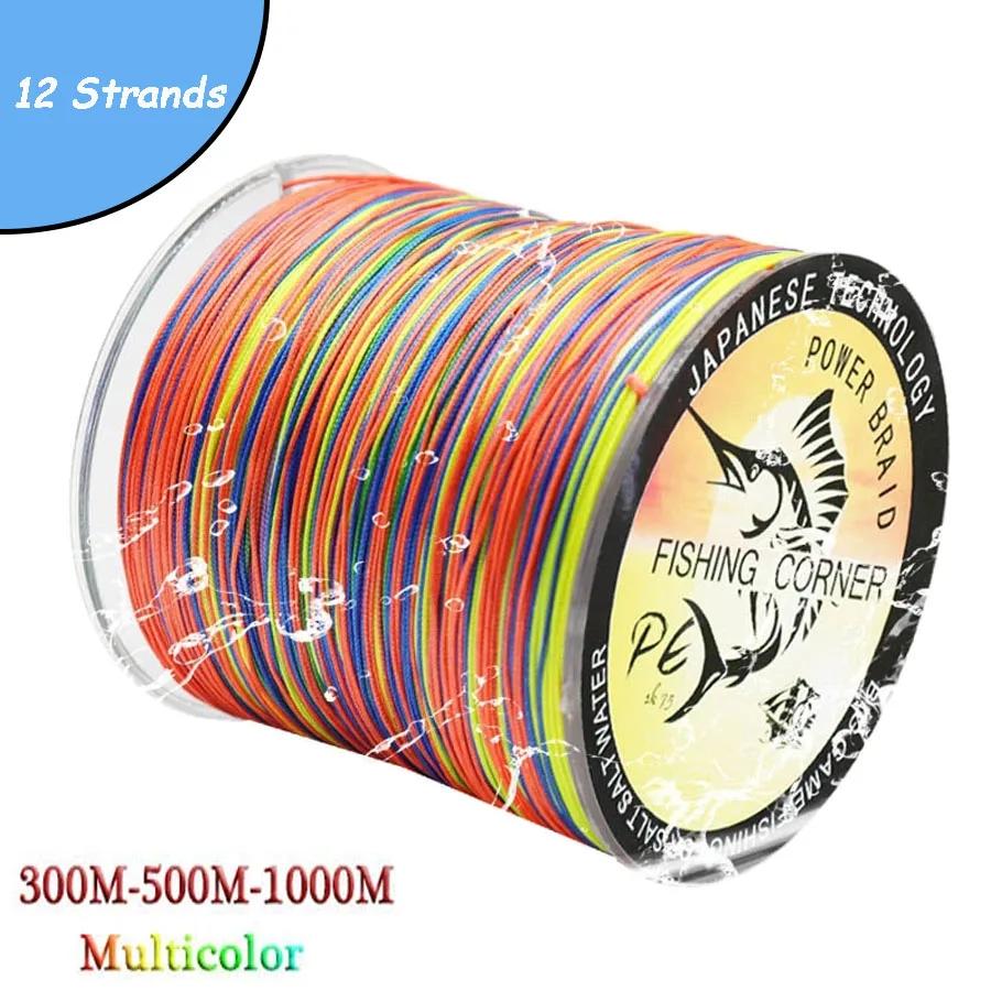 Ligne de pêche tressée multicolore PE 12 brins, 300mm, 500m, fil de pêche en eau salée, super bain, 