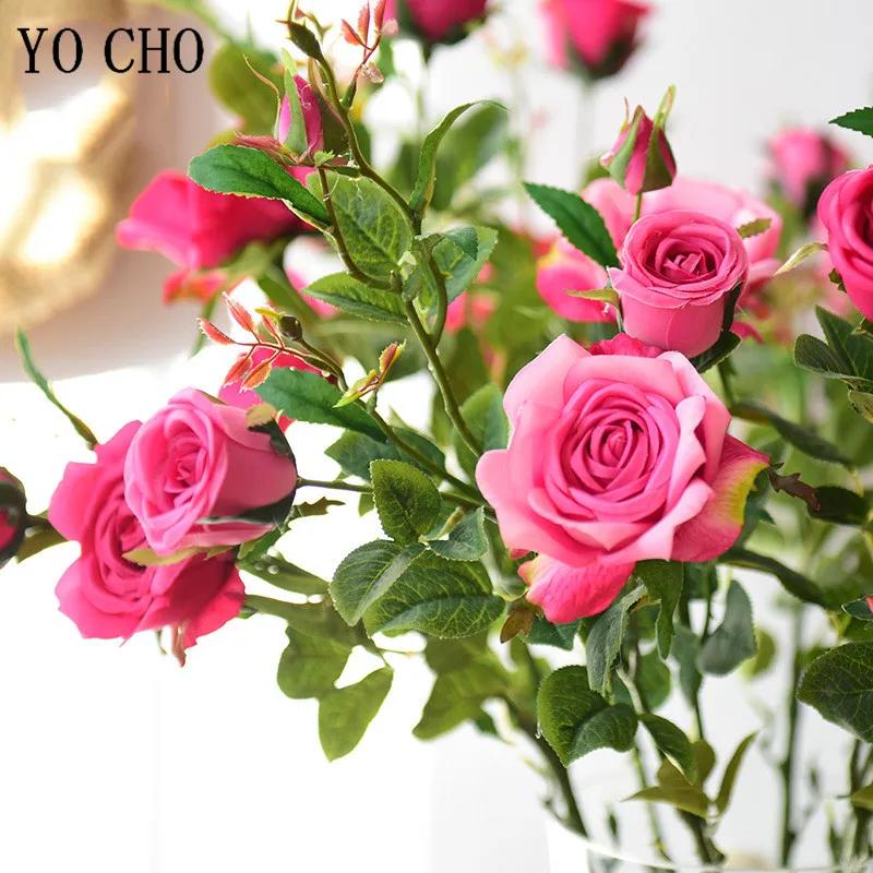 YO CHO – roses artificielles en soie, fausses fleurs de haute qualité, longue branche, 5 têtes, pour