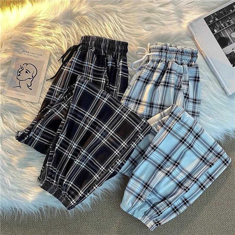 Pantalons femmes nouveau bouquet de pieds mode ample noir Plaid été Harajuku étudiants Streetwear sa