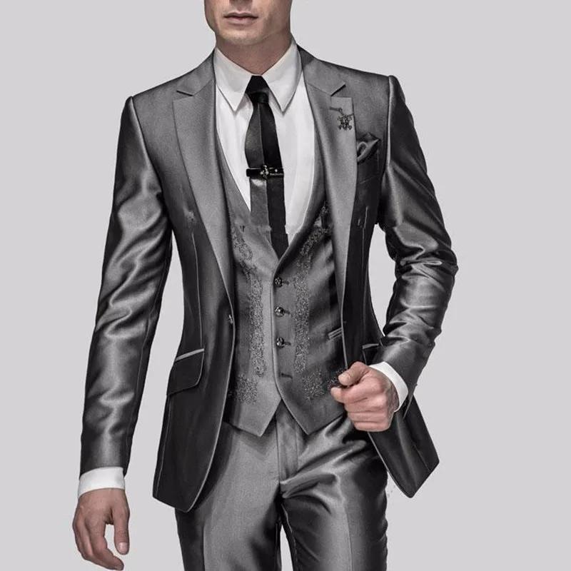 Costumes gris brillant pour hommes avec broderie, smokings de marié GroomTIME, meilleurs ensembles d
