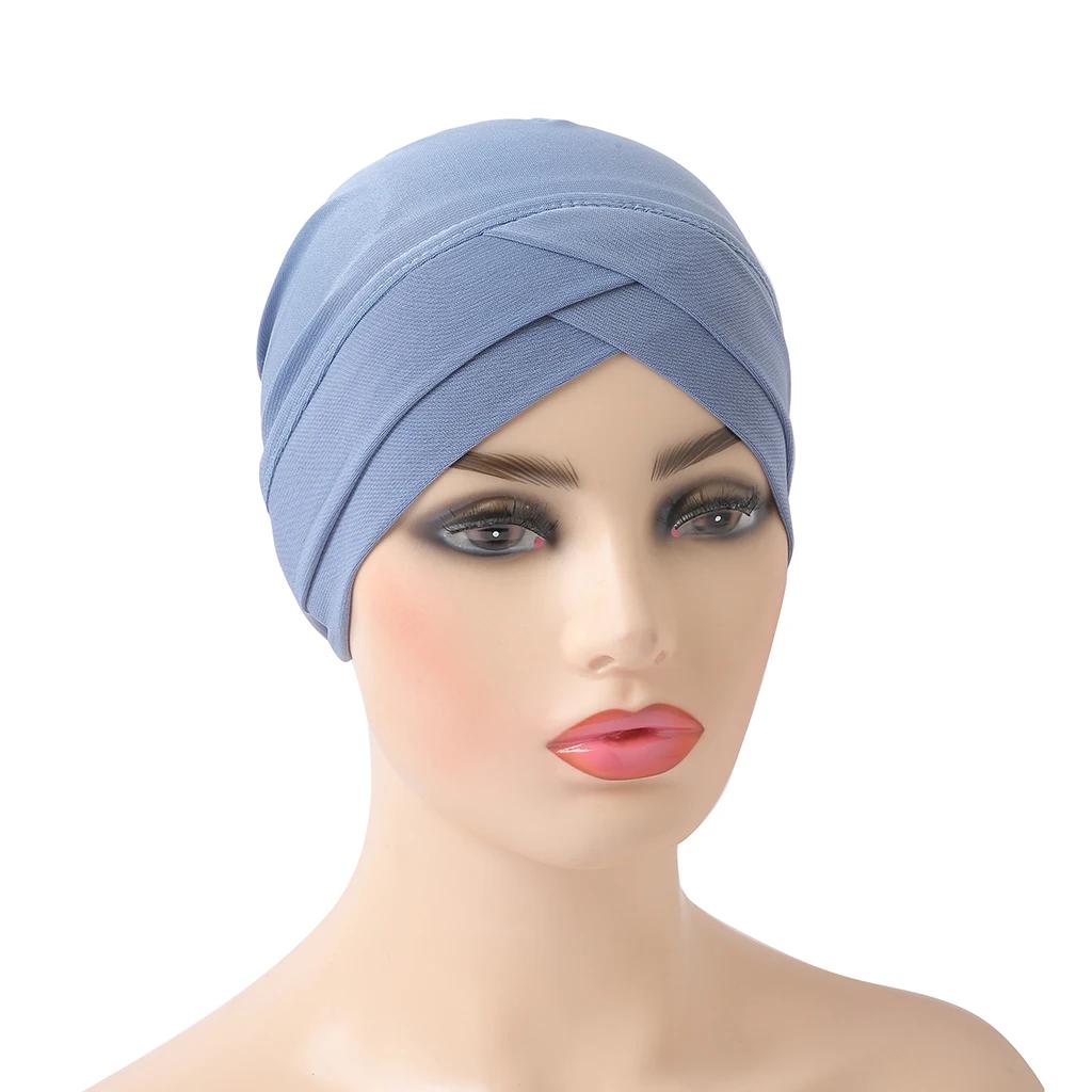 H117 front croisé musulman Turban couleur Pure extensible intérieur Hijabs pour casquettes prêt à po