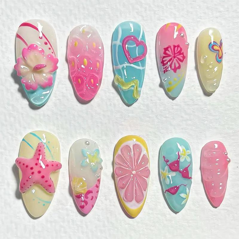 Faux ongles colorés d'été en amande, 24 pièces, avec fleurs 3D, peintures de plage, à pression, couv