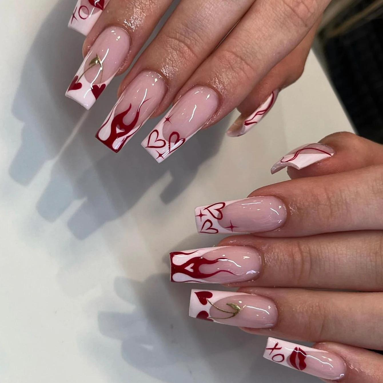Ensemble de Faux Ongles à Couverture Complète, Carré Moyen, Rouge, France, Court, Cercueil, à Pressi