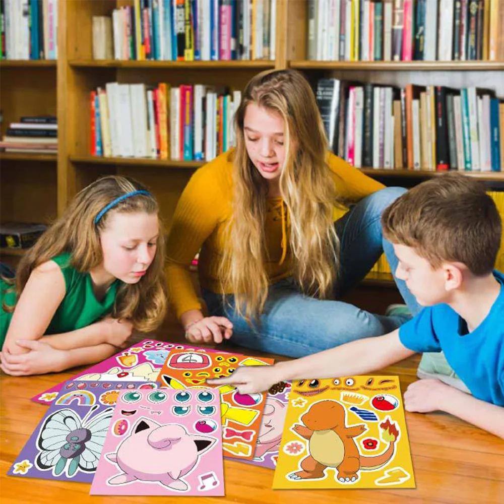 6/12 feuilles Pokemon enfants Puzzle Anime autocollants faire un visage assembler drôle dessin animé