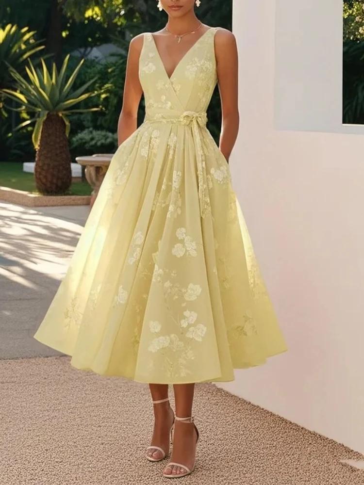 Robe longue élégante imprimée à col en V, sans manches, en maille, avec nœud à la taille, pour femme