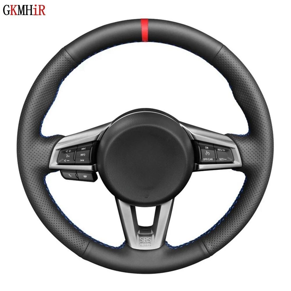 Housse de volant de voiture en cuir artificiel noir souple, cousue à la main, marqueur rouge, pour M