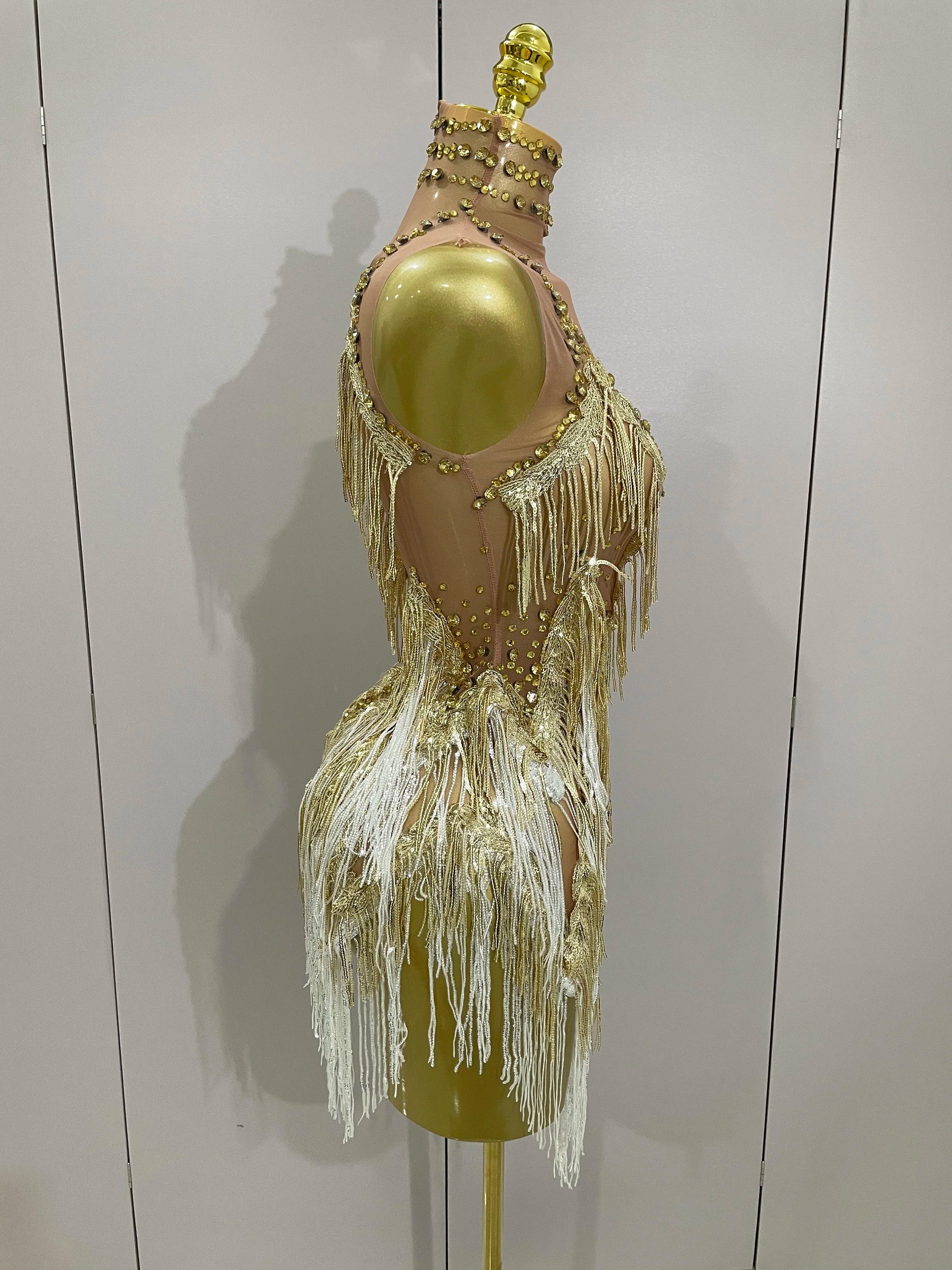 Stock 2025 femmes Sexy maille extensible brillant strass glands Mini robe discothèque chanteur danse