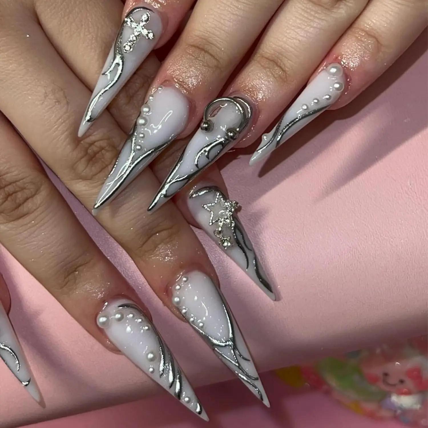 Breloques à ongles en alliage pour Nail Art, étoile argentée, planète, croix, décoration, charbon, b