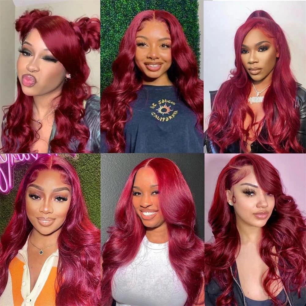 Perruque Lace Front Wig Body Wave Brésilienne Naturelle, Cheveux Humains, Rouge Bordeaux 99J, 13x4, 