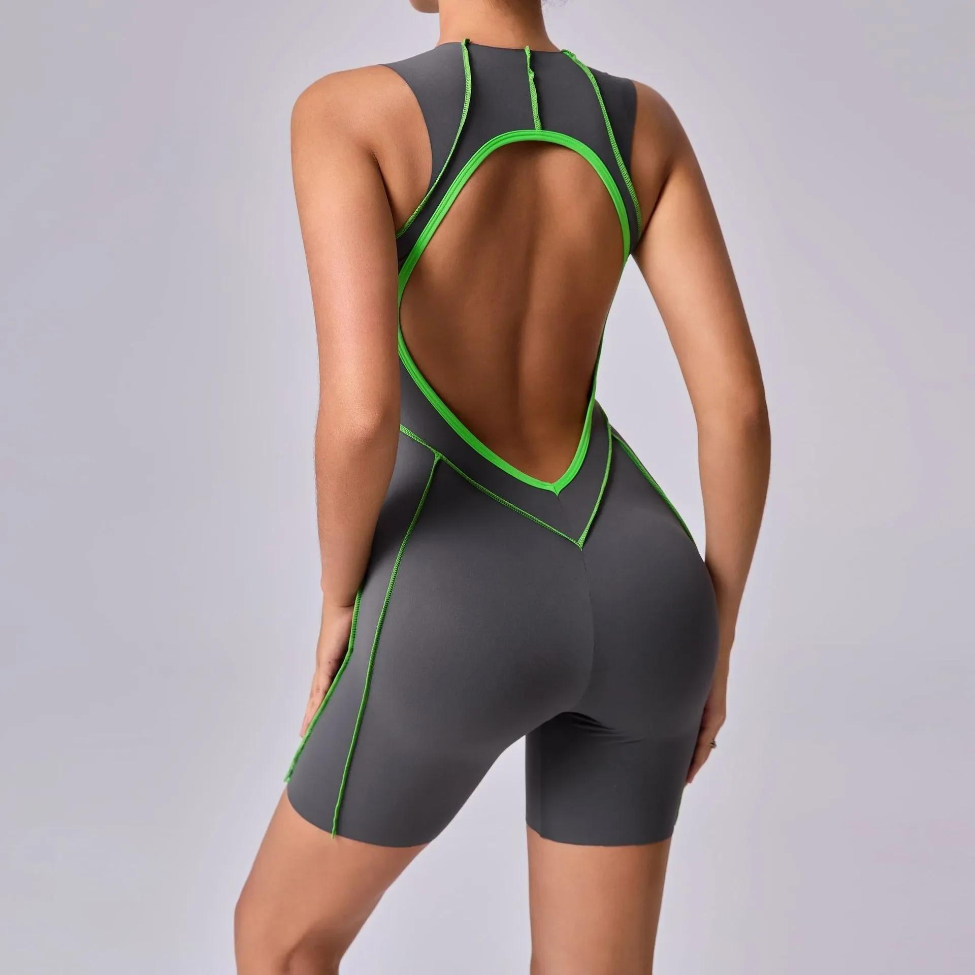 Combinaisons de Yoga dos nu pour femmes, couleur couture, avec coussinets de poitrine, sans manches,