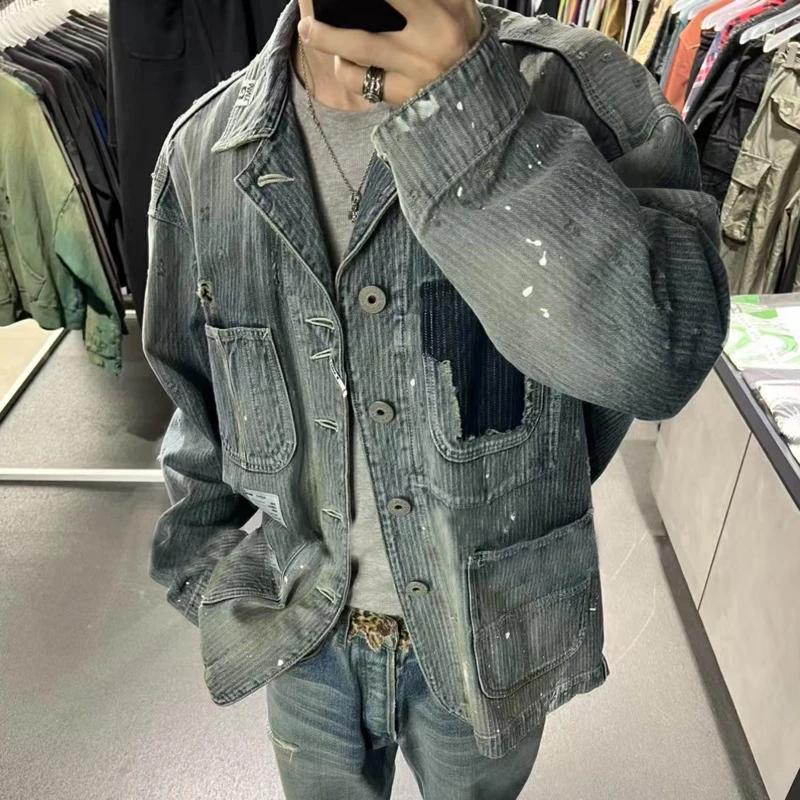 HKSH Nouvelle Veste Chemise Décontractée Oversize en Jean Délavé et Effiloché Jacquard Tendance Prin