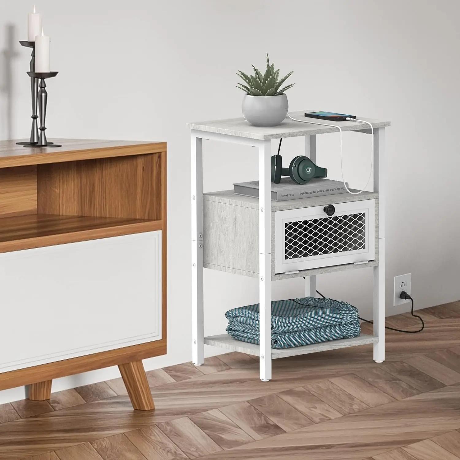 Ensemble de table de chevet avec station de charge, rangement à rabat, table de chevet pour chambre 