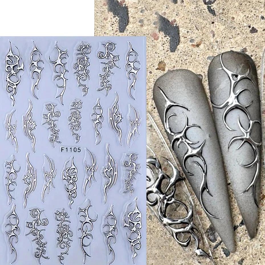 Autocollants métalliques chromés pour Nail Art, 2 pièces, Y2K Punk épines flamme Totem, modèles or a