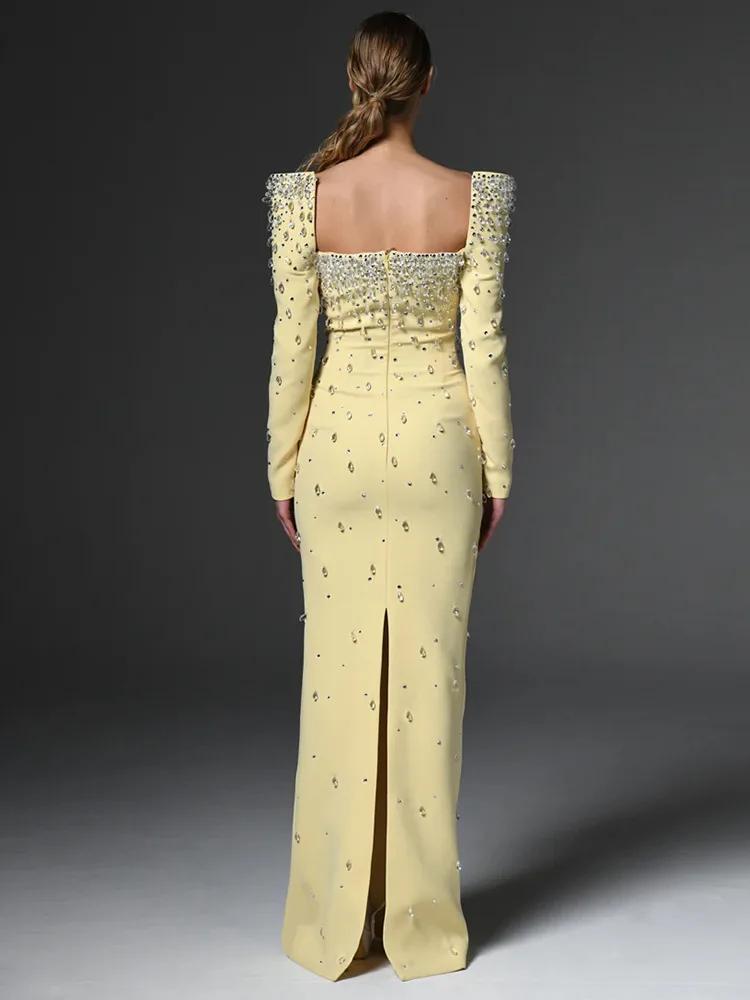 Robe longue maxi pour femme, col carré, perles et diamants, manches longues, nouvelle mode 2026, hau