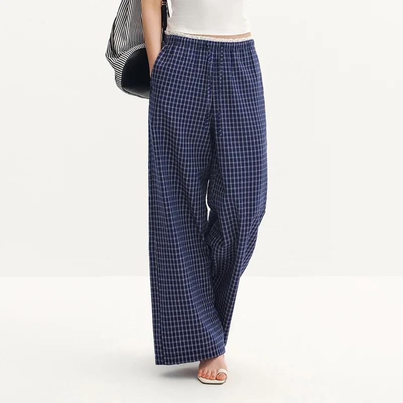 Pantalon Femme Semir à Carreaux 2026, Texturé, à Volants, Coupe Large, Style Urbain Décontracté, Dou