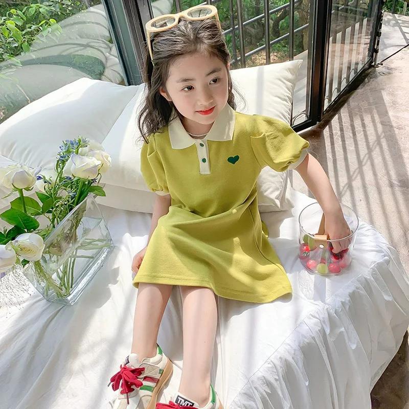 Robe coréenne pour filles, été 2026, col à revers avec broderie, ourlet à volants, robe de princesse